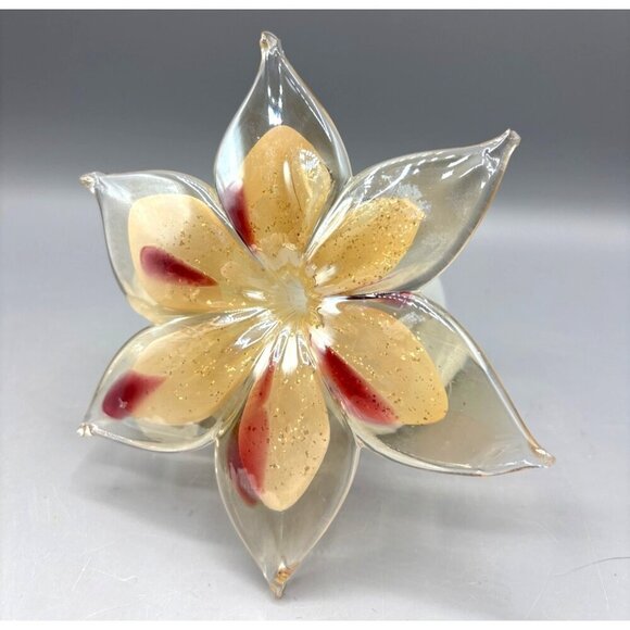 Vtg Handblown Glass Flower Paperweight‎ Beige Red Decor Spiral Stem - Picture 2 of 6